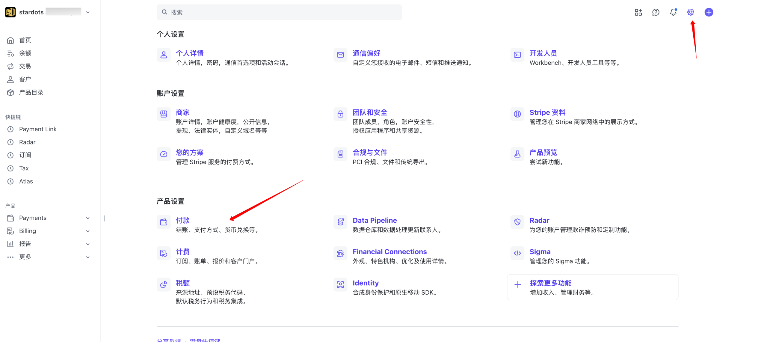 Stripe商户后台-支付设置